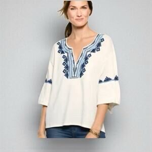 Solitaire Anthropologie Embroidered Cotton Tunic White/Blue Southwestern Sz M